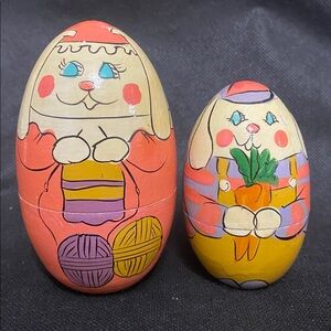Vintage Wooden Easter Bunny Nesting Rabbits